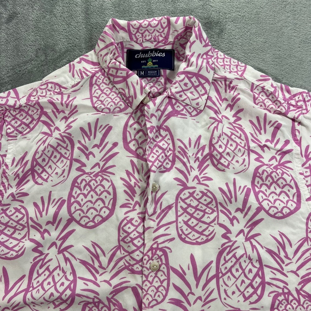 CHUBBIES Button Down Shirt Mens Medium Pink Pineapple AOP Dad Fit Rayon Summer